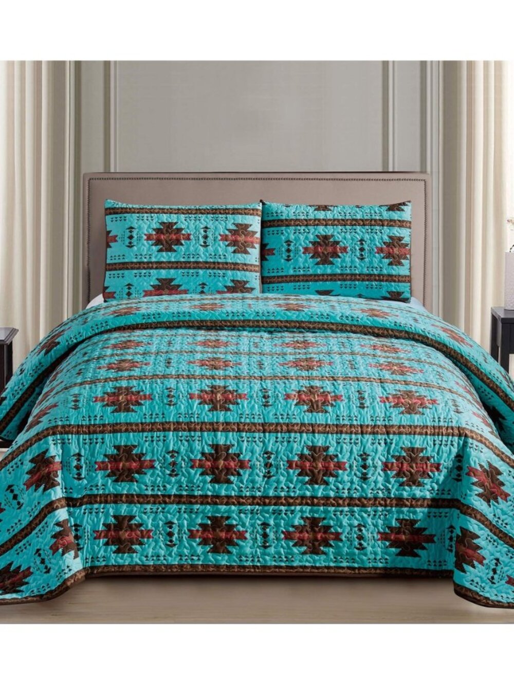 Southwest Print Bedspread 3 Piece Navajo/Native American Design Microfiber Teal